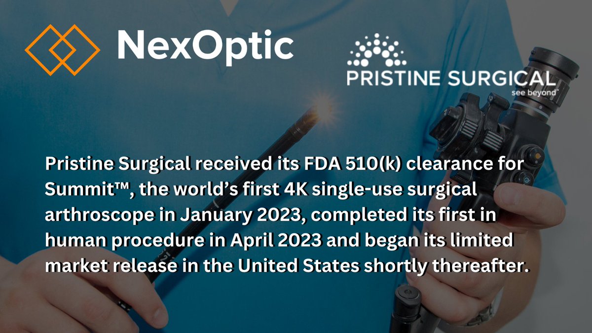 Our partnership with Pristine Surgical is taking endoscopic surgery to the next level with Summit™, the world's first 4K single-use surgical anthroscope.
#MedTech #Innovation #AI #Imaging 

TSX-V: $NXO | OTCQB: $NXOPF
nexoptic.com
