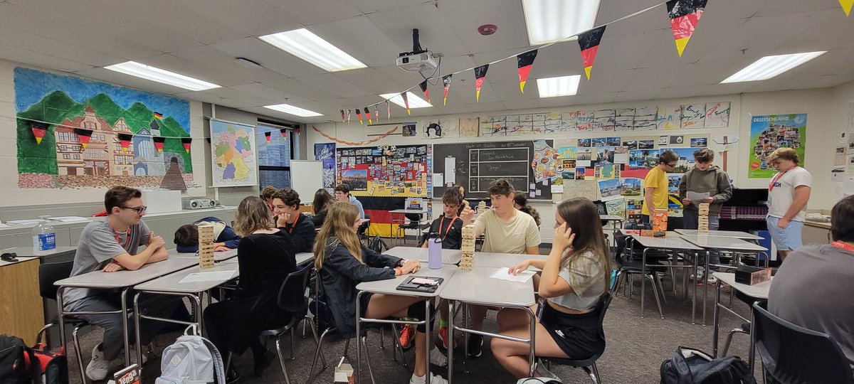 AntjePerrin's tweet photo. Playing Jenga to review vocabulary and grammar in German III. Very cool to see students get competitive! https://t.co/JNHEb4B8Ii