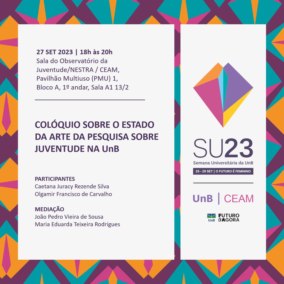 ceamunb's tweet photo. VEM AÍ: Semana Universitária da UnB 2023! O evento acontecerá entre os dias 25 e 29 de setembro. Fique de olho na nossa programação!          

Mais informações: https://t.co/yYB96pAHOB

#semuni2023 #unb #ofuturoéfeminino https://t.co/GcBuOtV59v