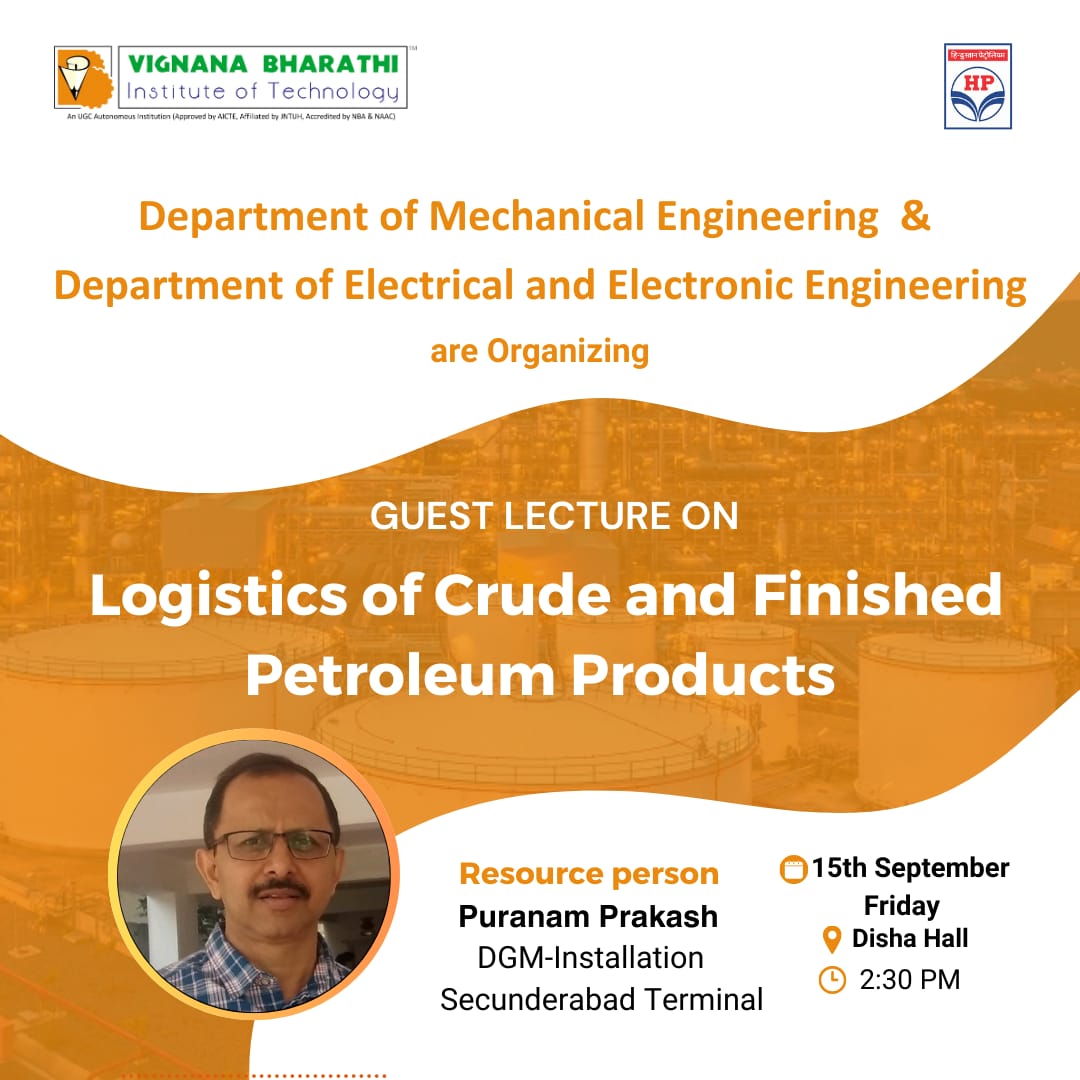 VBITHYD's tweet image. The Department of #MechanicalEngineering &amp;amp; the Department of #ElectricalandElectronicEngineering organized #GuestLecture on the &quot;#Logistics of Crude and Finished #Petroleum #Products,&quot;

#VBIT #EEE #PetroleumProducts #DepartmentofMechanicalEngineering #DepartmentofEEE #Innovation