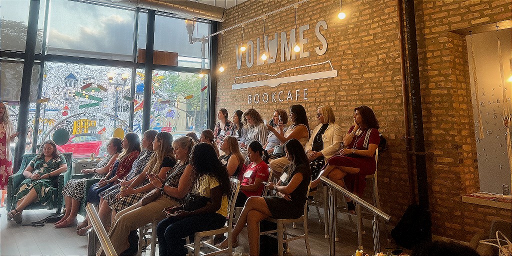 Laurie Swanson led an empowering workshop all about 'Leading with Confidence.' Thank you to Volumes Bookcafe and Women's Mentoring Co-op Sponsor First Women's Bank for hosting our Women's Mentoring Co-op.