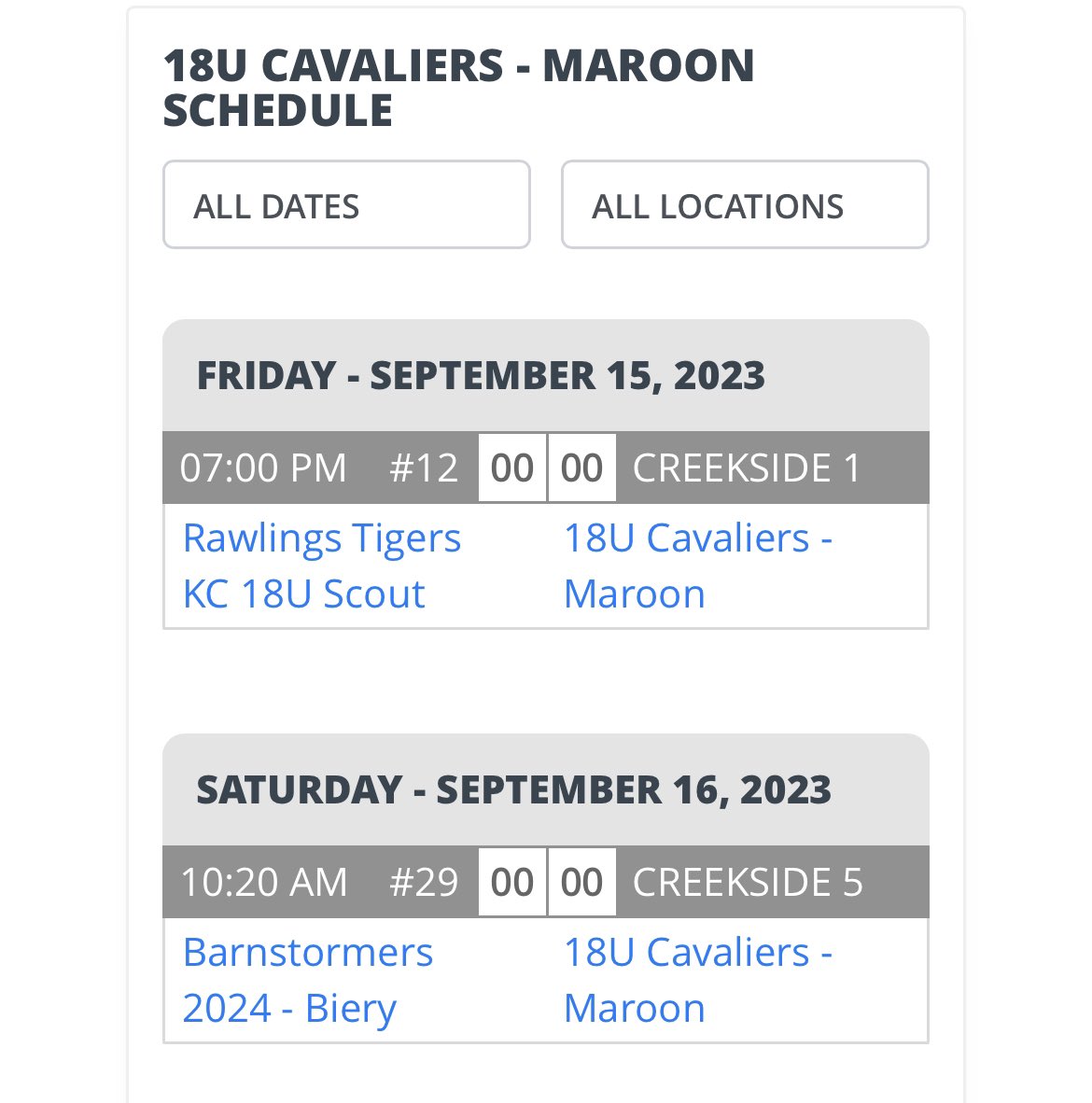Cavs maroon 18u schedule this weekend (bracket play to follow) 

Pitching tonight Creekside field 1 at 7pm