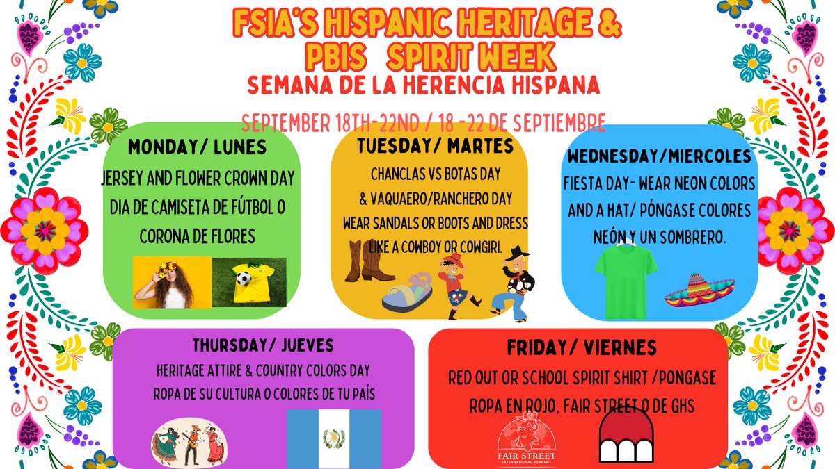 FsiaMedia's tweet photo. Next week is Fair Street's Hispanic Heritage Spirit Week. Monday, we'd like to see everyone in their Sports Jersey or Flower Crown.  It's going to be a great week at Fair Street! https://t.co/v63G1Elh8M