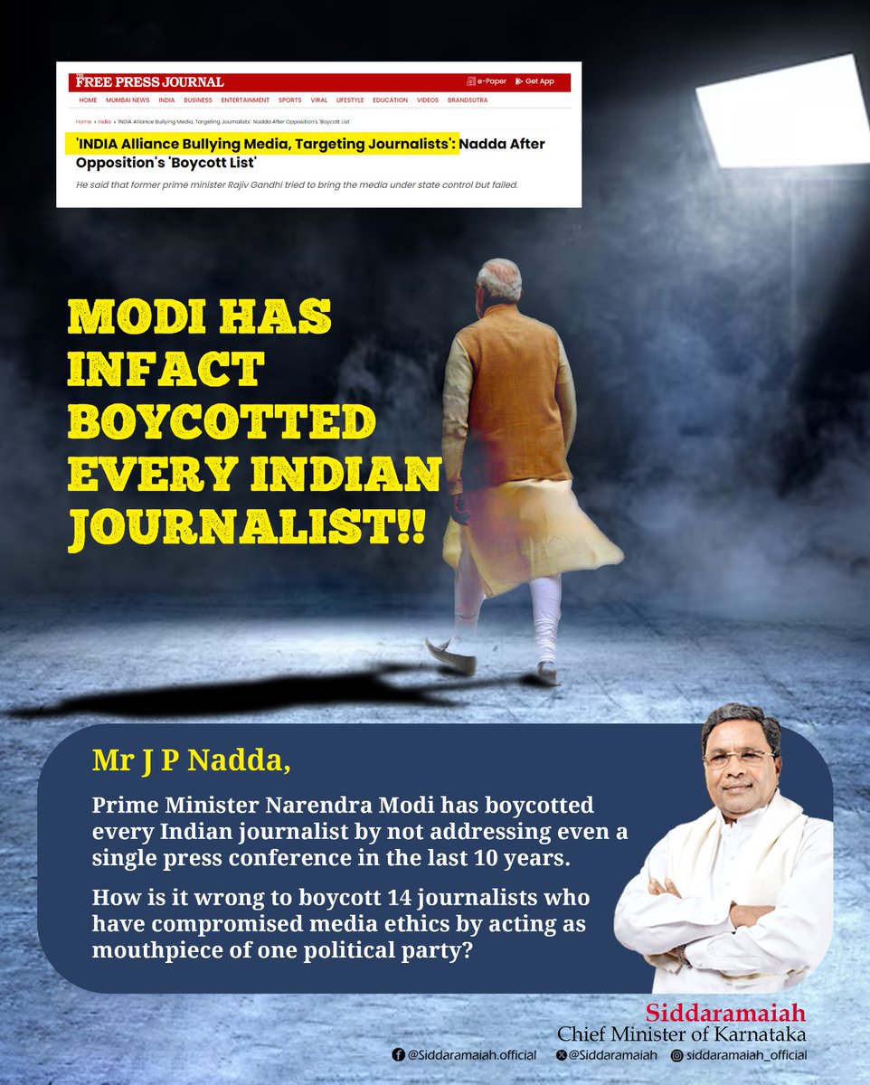 siddaramaiah's tweet photo. Mr. @JPNadda avare,

We will give you the data on the actual attack on the media. You may have forgotten this, but INDIA still remembers it.

Journalists who were arrested for reporting the truth:

-Siddique Kappan
-Mohammed Zubair
-Ajit Ojha
-Jaspal Singh
-Sajad Gul
-Kishorechandra Wangkhen
-Prashant Kanojia

Journalists who were killed for speaking the truth:

-Rakesh Singh
-Shubham Mani Tripathi
-G Moses
-Parag Bhuyan
-Gauri Lankesh

Press Freedom Index: Falling India's Rank

2015: 136th position 
2019: 140th position
2022: 150th position
2023: 161st position

What does @BJP4India have to say about this?