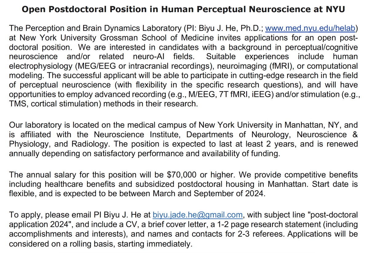 Our lab currently has an open postdoc position in the field of perceptual neuroscience. Specific questions: w flexibility, and a focus on vision; Techniques: open (fMRI, E/MEG, iEEG, stim, modeling); Salary: $70,000 or higher (w excellent benefits); Start date: flexible in 2024