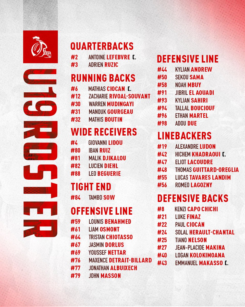 FFFA_officiel's tweet photo. Le Roster de l’Equipe de France U19 pour cette rencontre avec la Grande-Bretagne 🇫🇷🇬🇧

Retrouvez les joueurs et le staff qui sont à Coventry pour la Ligue des Nations 🏈

Un match à suivre en direct sur https://t.co/MThWN24PvS https://t.co/dwf0RfADW6
