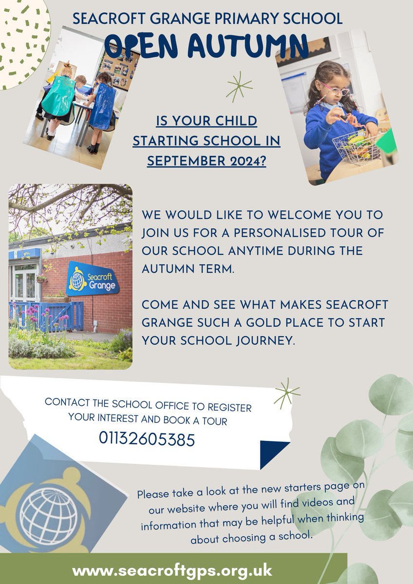 SeacroftGPS's tweet photo. Do you have children born between 1 September 2019 and 31 August 2020? They are due to start primary school in September 2024. 

Find out more on our Parents/Carers community tab at https://t.co/1eYOpMTwLu

Please visit us for Open Autumn by calling 0113 2605385. https://t.co/mJOnPjnkHx