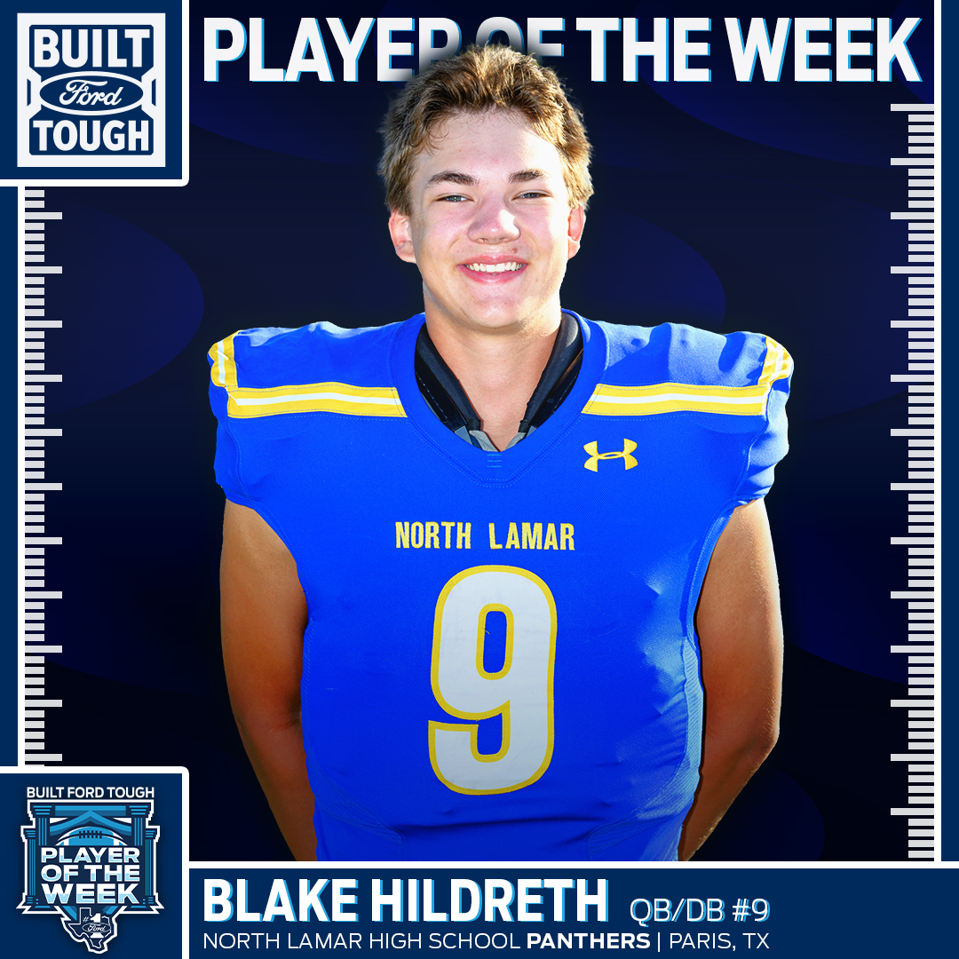 ntxford's tweet photo. 4-yr North Lamar starter @blakehildreth09 led @N_Lamar_Ftball Panthers to 49-14 win vs. Bonham: 18 carries, 210 yds, 5 TDs. Star QB/DB had 8 tackles, TFL, INT, earns 4A #BFTPOW. #NTXFord #TXHSFB #FordTX #HighSchoolFootball #TXFBDays #BuiltFordTough https://t.co/Zfv8pmRLST