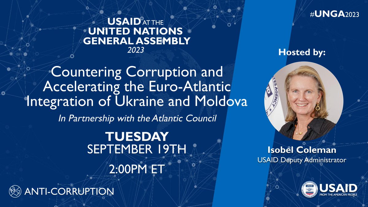 Excited to co-host a discussion on countering corruption in Ukraine + Moldova w @AtlanticCouncil next week. Transparency, integrity, & accountability against corruption are key to securing a 🇪🇺 future. Tune in to learn how donors like @USAID are helping reformers deliver! #UNGA78