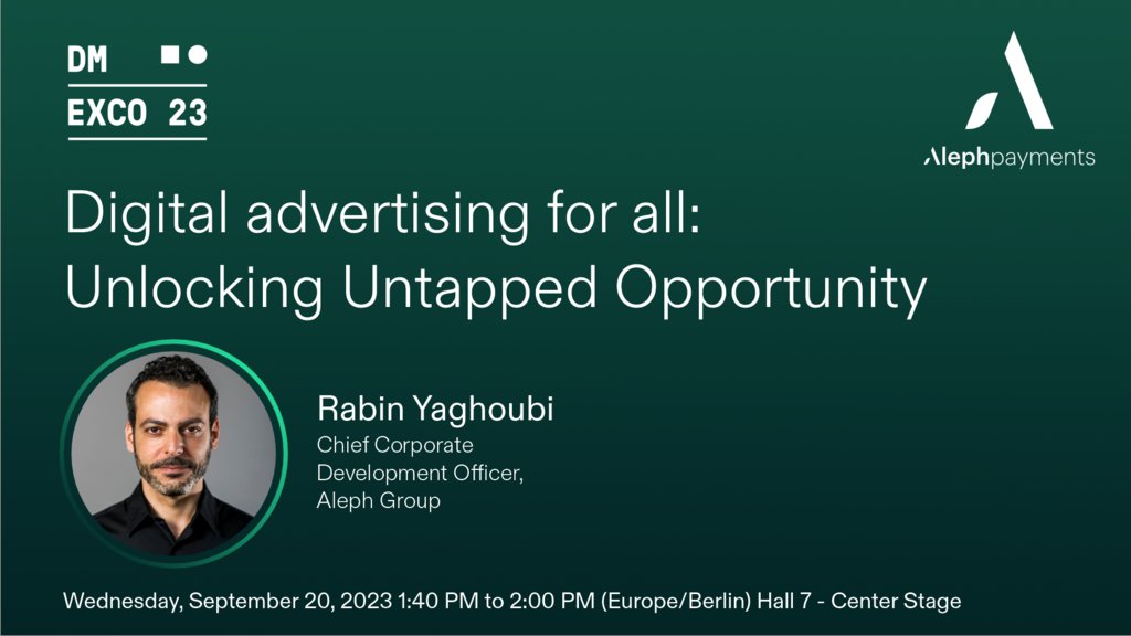 itsalephdigital's tweet photo. π Aleph shines at #DMEXCO2023!
Join Rabin Yaghoubi as he unveils keys to unlocking digital opportunities in emer markets. Dive deep into local cultures, cross-border payments & more.
ποΈ 20 Sep, 1:40-2:00 p.m. CEST
https://t.co/tnS3aia6Ma
#MeetAleph #DMEXCO2023 #AlephGlobal https://t.co/MQI6b65Z8A