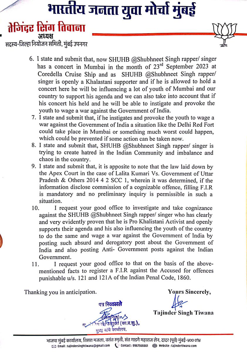 TajinderTiwana's tweet photo. Today submitted a memorandum to the Joint Police Commissioner - Law &amp; Order Mumbai, Team Innovation, @PerceptEMC (Sunburn), and @CordeliaCruises, urging to cancel the upcoming concert of Pro Khalistani Canadian singer Shubh (Shubhneet Singh). ...1/3 https://t.co/wSpYILoPyf