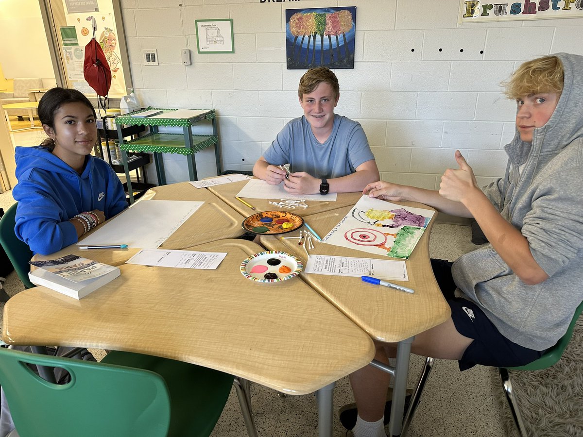 Middle schoolers are still kids at heart! My students are enjoying painting signposts from their independent reading novels. It’s a little messy in room 460 today. 🖼️ 📚