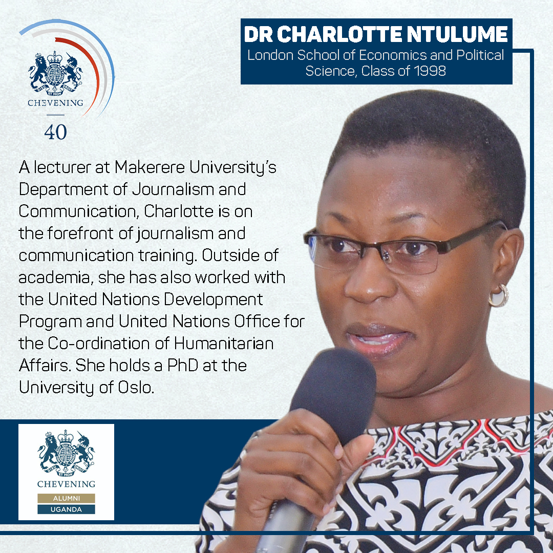 CheveningUganda's tweet photo. A brilliant scholar, Charlotte Ntulume is shining at @Makerere. She's preparing tomorrow's journalists and comms. professionals to thrive in an ever changing world. As we mark 40 years of Chevening scholarships, we toast to an outstanding Chevener! #Chevening40 #ChooseChevening https://t.co/r3VMcAOjyA