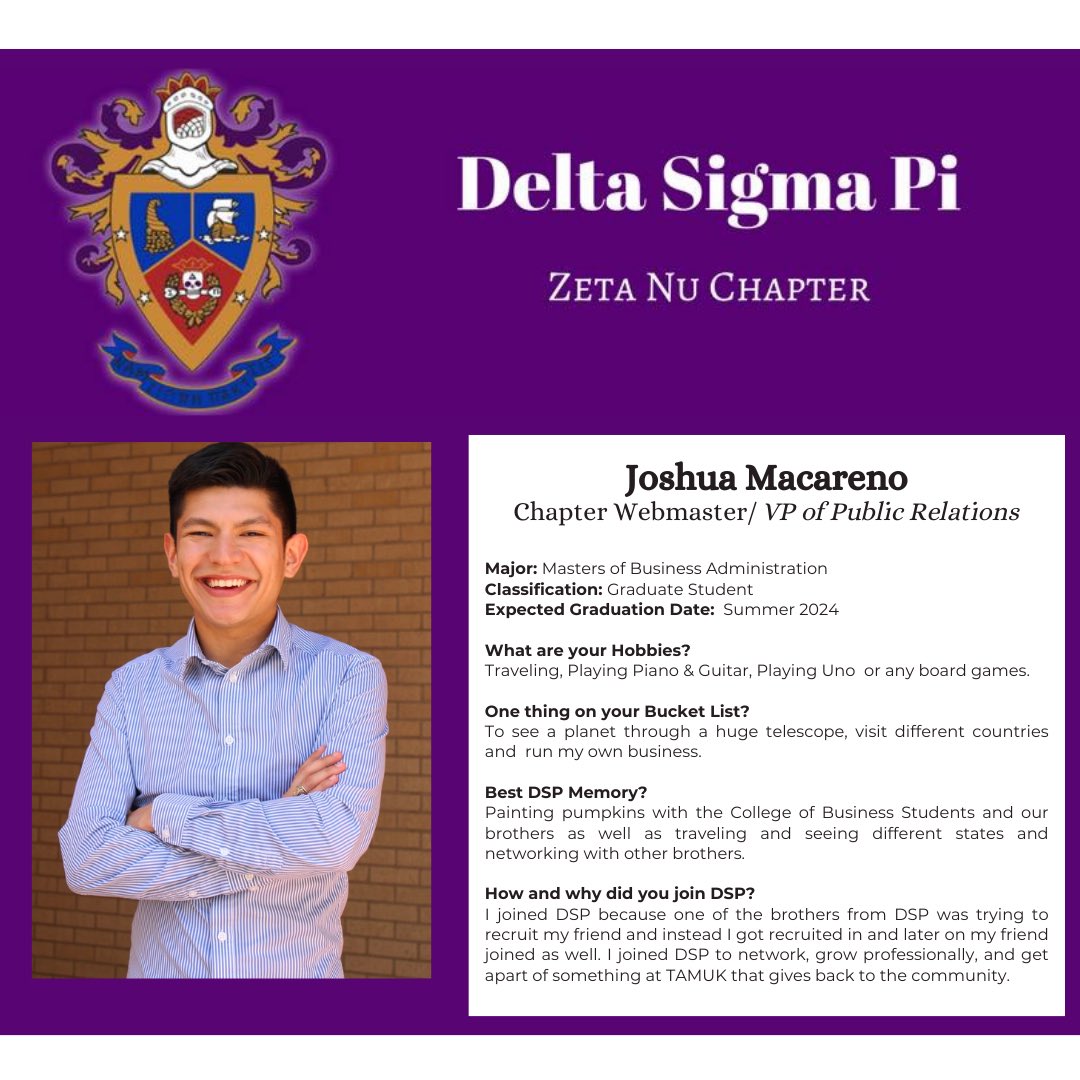 Meet our Chapter WebMaster/ VP of Public Relations: Joshua Macareno
.
.
.
Check out why Josh decided to get involved in Delta Sigma Pi.