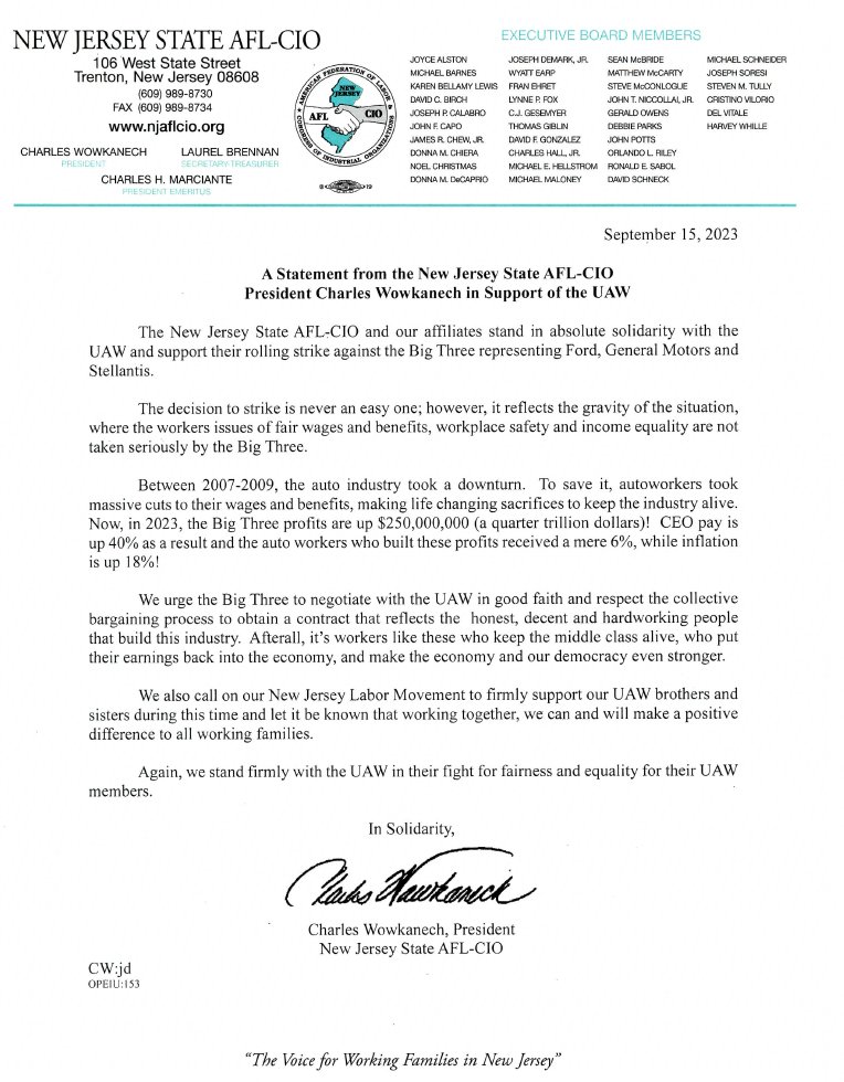 A Statement from NJ State AFL-CIO President Charles Wowkanech in Support of the <a href="/UAW/">UAW</a>