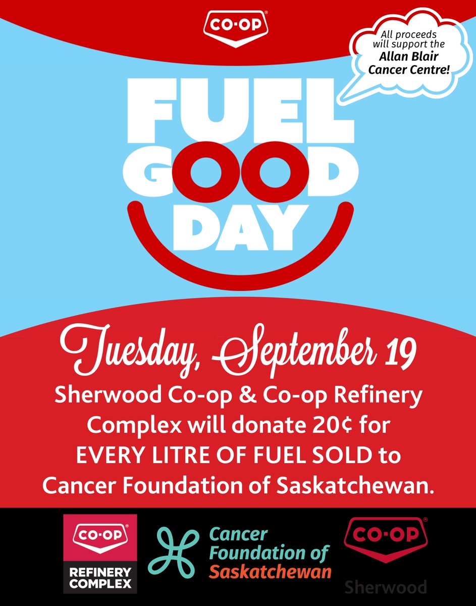 Cancer Foundation of Saskatchewan (@cancerfdnsask) on Twitter photo This Tues, Sept 19, we are joining <a href="/sherwood_coop/">Sherwood Co-op</a> and <a href="/CoopRefinery/">Co-op Refinery</a> to make a difference in the fight against cancer.
For every litre of fuel sold, 20 cents will be donated in support of the Allan Blair Cancer Centre.
Fuel up at your local Sherwood Co-op Gas Bar on Tuesday! This Tues, Sept 19, we are joining <a href="/sherwood_coop/">Sherwood Co-op</a> and <a href="/CoopRefinery/">Co-op Refinery</a> to make a difference in the fight against cancer.
For every litre of fuel sold, 20 cents will be donated in support of the Allan Blair Cancer Centre.
Fuel up at your local Sherwood Co-op Gas Bar on Tuesday!