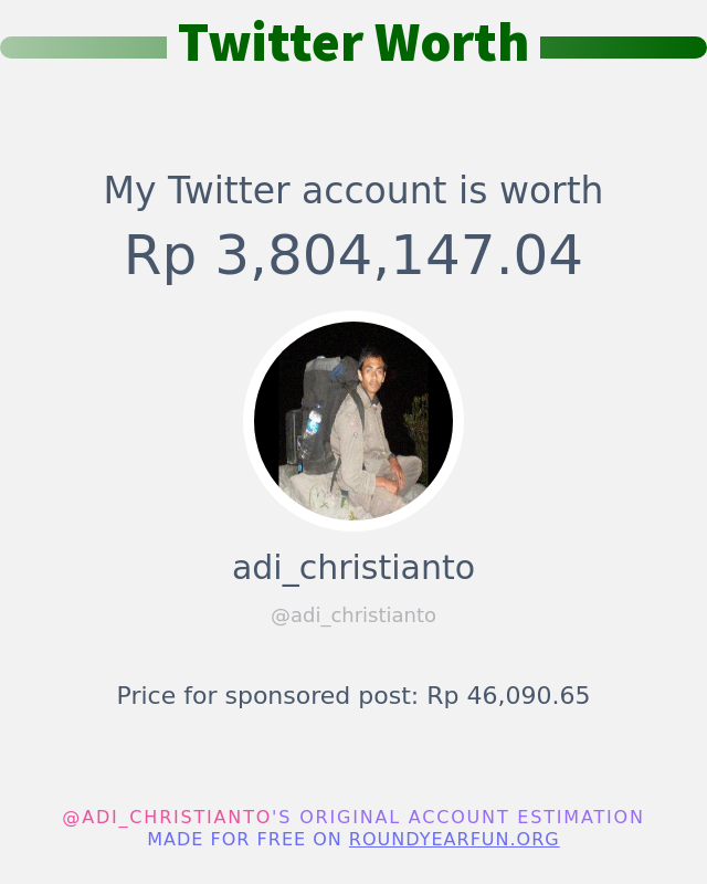 Nilai Twitter Saya adalah: Rp 3,804,147.04

➡️ funxgames.site/twitterworth?l…