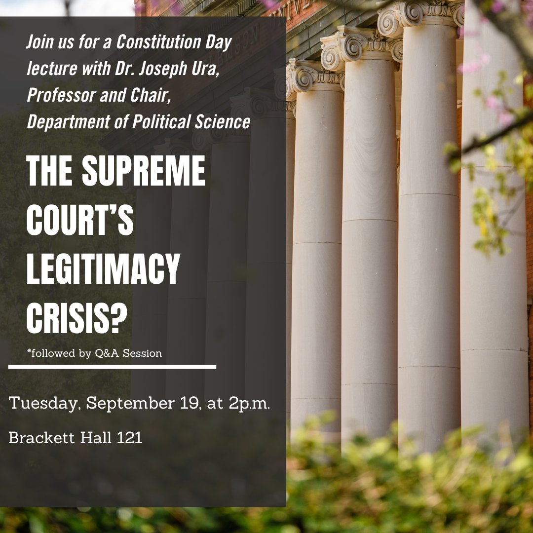 Join us this Tuesday, September 19th, for a Constitution Day lecture with Dr. Joseph Ura, Professor and Chair, Department of Political Science. The lecture will be held in Brackett Hall 121 at 2p.m. followed by a Q&amp;A session.