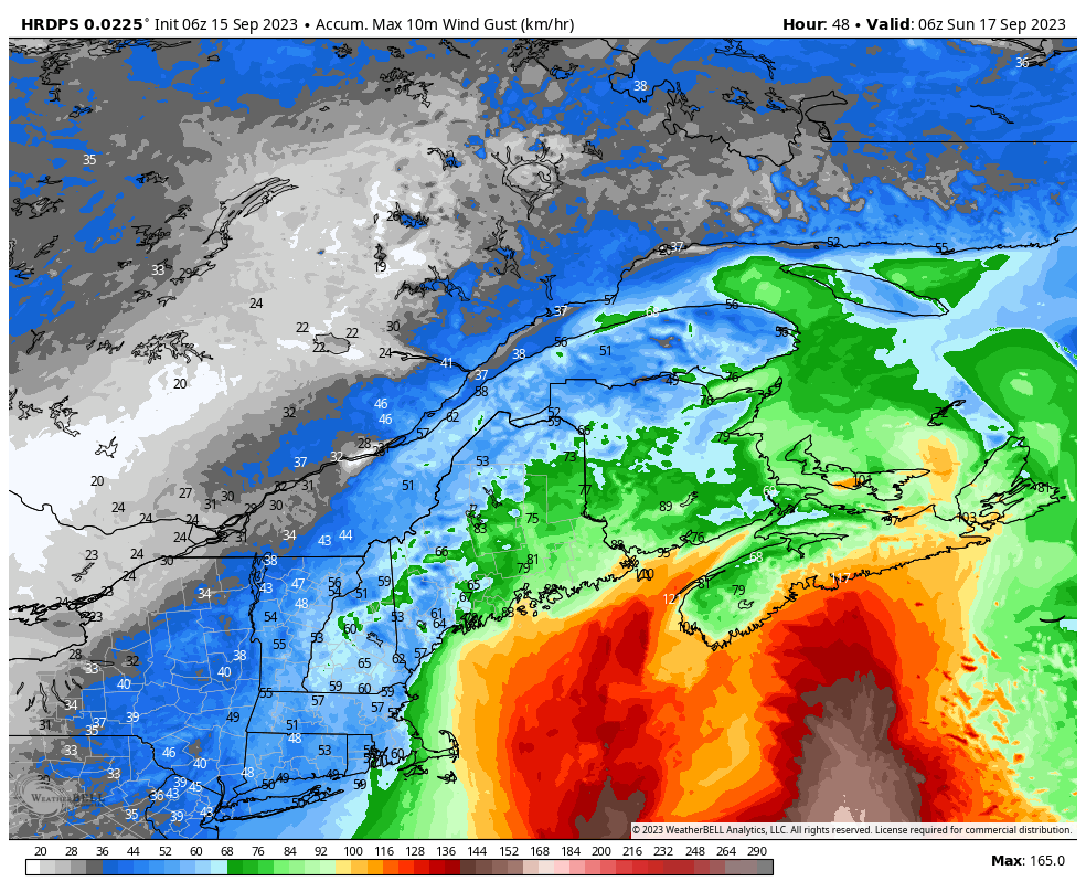 HRDPS model suggests parts of Nova Scotia, from near Shelburne to Canso, including Halifax/Dartmouth, will gusts exceeding 100 km/h and in some areas approaching hurricane force (120 km/h). This will occur during the afternoon and evening hours on Saturday. Parts of PEI may also