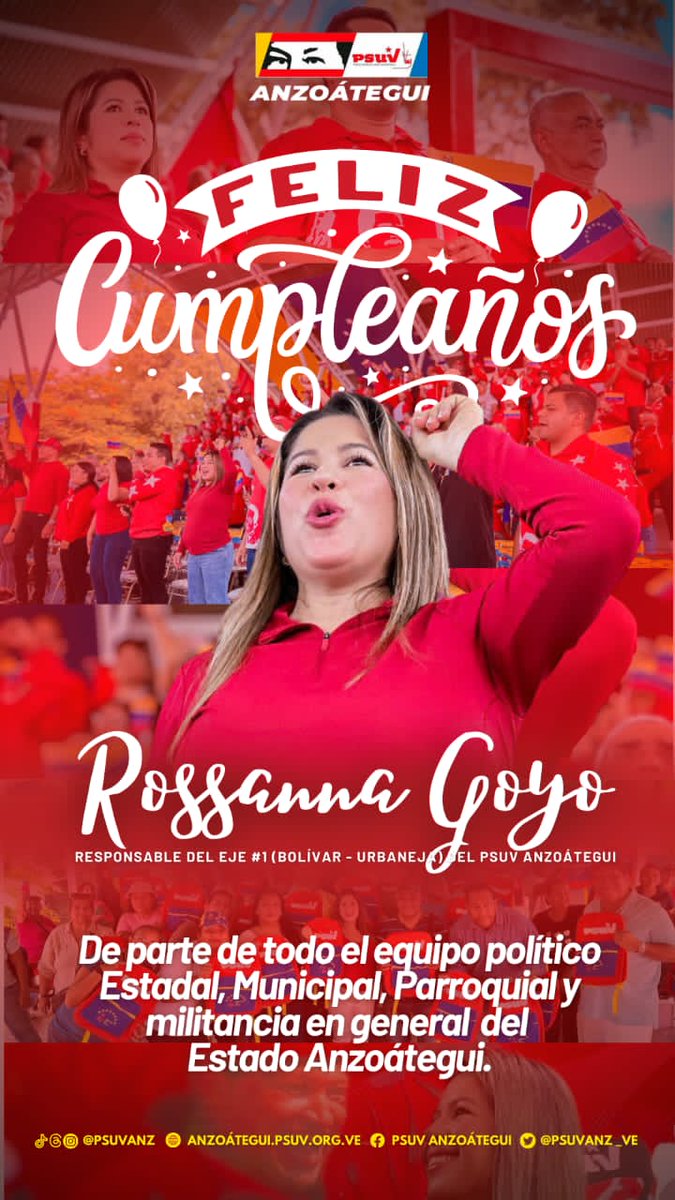 Desde el <a href="/PartidoPSUV/">PSUV</a> #Anzoátegui, le deseamos un feliz cumpleaños a nuestra compañera <a href="/RossGoyo/">Rossanna Goyo</a>, Responsable de Eje #1 #Anzoátegui.🎂

<a href="/NicolasMaduro/">Nicolás Maduro</a> <a href="/dcabellor/">Diosdado Cabello R</a> 
<a href="/luismarcanos/">Luis Marcano</a>
