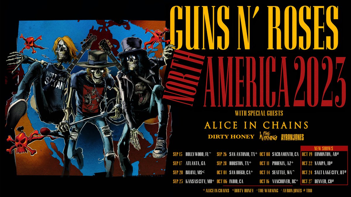 gunsnroses's tweet photo. The world tour is making a few more stops! Get ready, Edmonton AB, Nampa ID, Salt Lake City UT &amp; Denver CO. See you soon 🔥
Nightrain pre sale: Sept 18
On sale: Sept 20 https://t.co/NUBsngxP7W