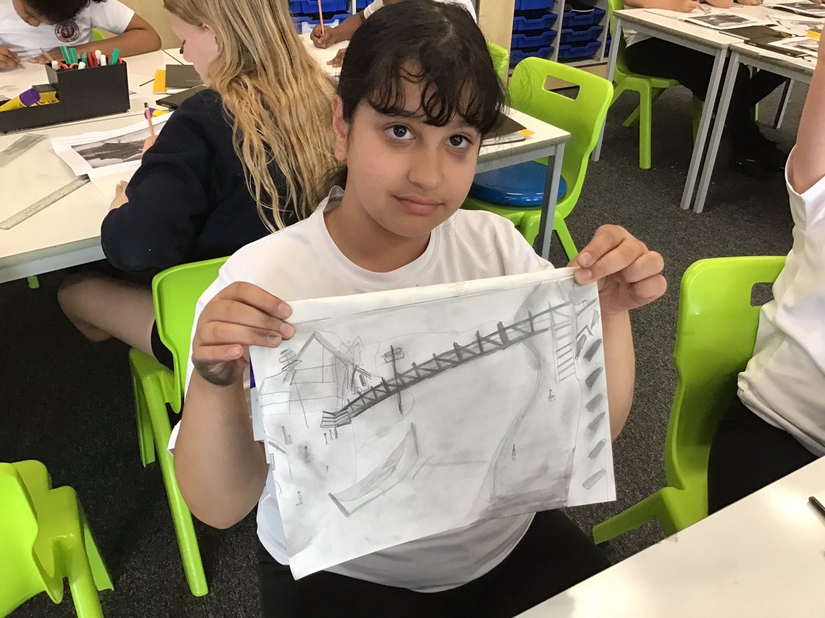 This afternoon we used our shading skills to recreate a piece by Lowry in black and white @BartonClough #wearebrightfutures