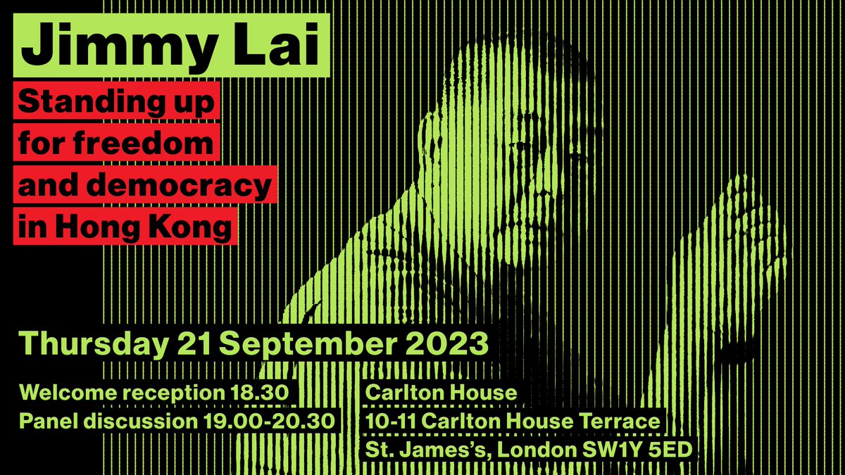 DoughtyStPublic's tweet photo. Jimmy Lai: Standing Up for Freedom and Democracy in Hong Kong - Thursday, 21 Sep 2023 at 18:30 BST 

Chaired by: 

Saima Mohsin (@SaimaMohsin), presenter and international correspondent

Speakers: 

Sebastien Lai, son of Jimmy Lai The Rt Hon Lord Patten of Barnes KG CH, last Governor of Hong Kong Baroness Helena Kennedy KC, director of the International Bar Association's Human Rights Institute 
Caoilfhionn Gallagher KC (@caoilfhionnanna), leader of Jimmy Lai’s international legal team  

Register here: https://t.co/21DVoBk7O4