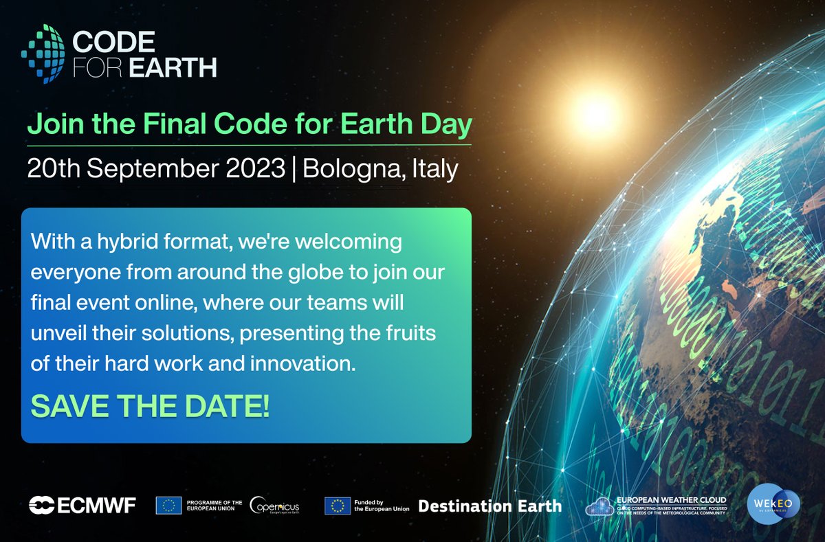 CopernicusECMWF's tweet image. Are you ready for the final round of #CodeForEarth on 20th Sept? ๐
The selected teams will showcase their results & outcomes next week during the Final Code for Earth Day in Bologna.
Register here:
 
๐CAMS: bit.ly/3TaF0Xo
๐#C3S: bit.ly/3l3JvXr