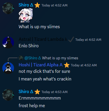 hoshihoku69's tweet photo. Good Morning Twitter.  It's been a while, but have some fresh #TraumaWithHoshi right out the gate.  I am unhinged.  #vtubers #DiscordScreenShots https://t.co/jVLGVg5Rmq