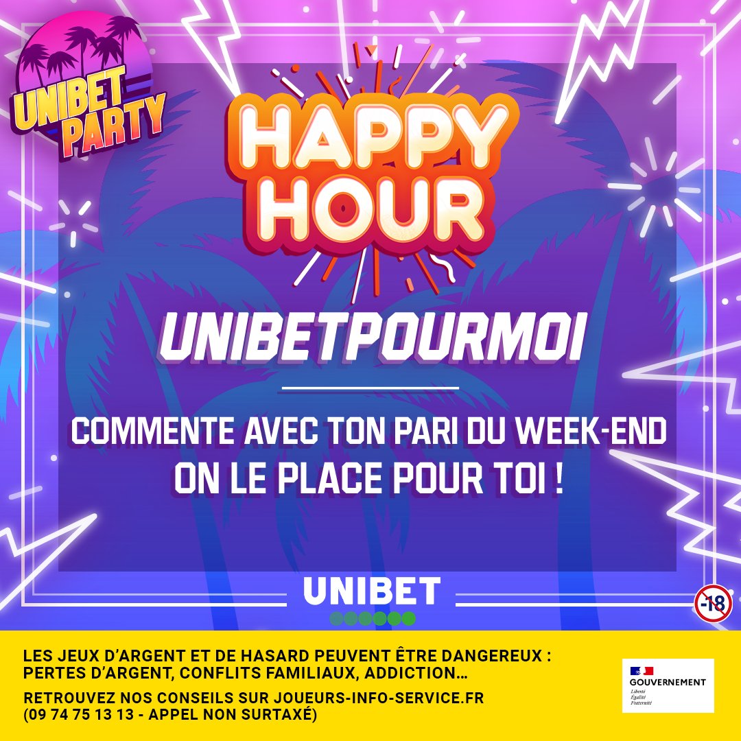 UnibetFrance's tweet photo. 🔥⚡ On entre dans l'Happy Hour ! L'occasion de se donner quelques tips 🤝

📲 Tu as une inspi ? Commente avec le pari que tu souhaites miser ce week-end, on le place pour 10 d'entre-vous jusqu'à dimanche !

👉 RT + ton pari + pseudo + #UnibetParty https://t.co/4qdDMtmBqk