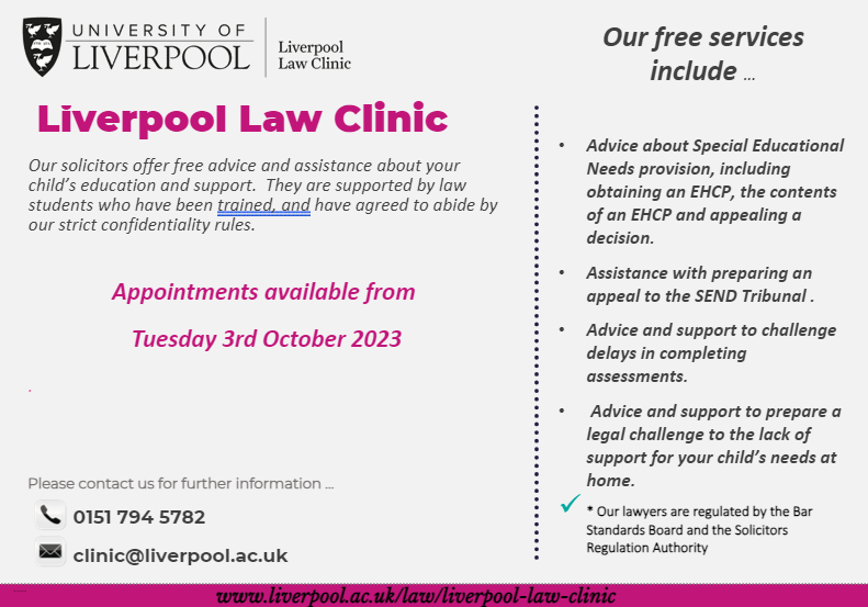 LivLawClinic's tweet photo. We are now taking appointments for October for SEN enquiries. If you know someone who might benefit from this service please direct them to this link: https://t.co/dRi9AVkURa…   

#SEND #EHCPs https://t.co/j8ZKRsK5mv