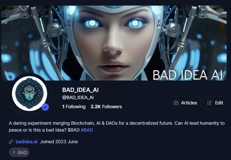 badideaai's tweet image. Hey #BADIDEAAI! 🎉

Our $BAD Idea AI profile on #CoinMarketCap just got the blue verification badge! This boosts our visibility &amp;amp; llets us publish in-depth articles directly from our project's profile. Plus, all tweets are auto-broadcasted to the CMC audience!…