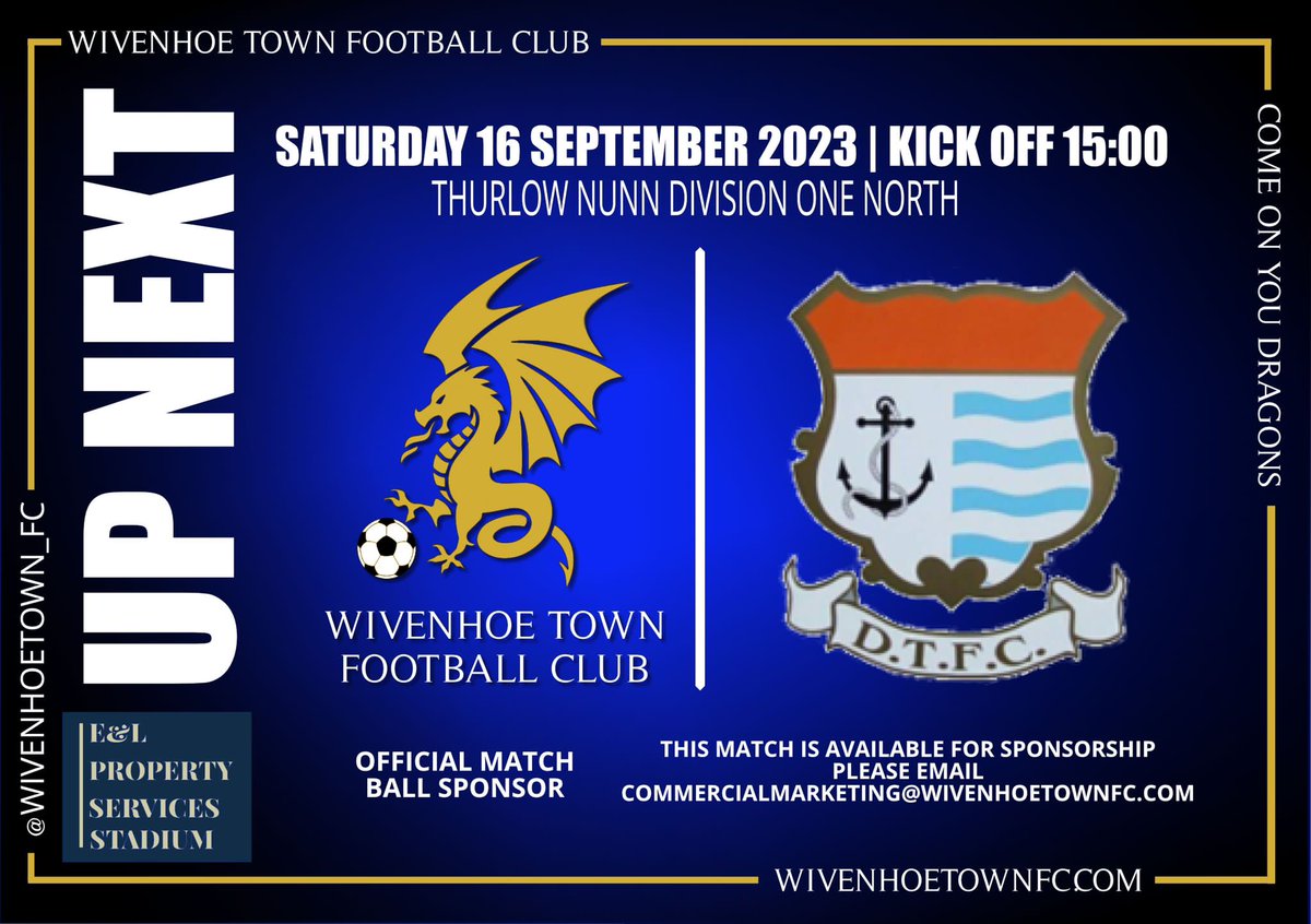 wivenhoetown_fc's tweet photo. Wivenhoe Town v @DissTownFC - Saturday at the E&amp;L Property Services Stadium - Kick off 15:00 https://t.co/ckxynfsMdm