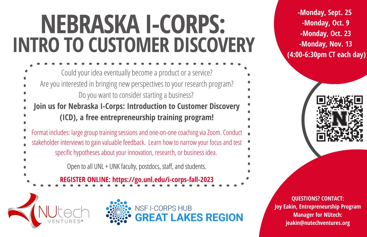 NUtechVentures's tweet photo. Calling all #UNL and #UNK innovators: are you toying with a business idea and not sure about your next step? Join us beginning Sept. 25 for Nebraska I-Corps hosted by NUtech & partners!
REGISTER ONLINE: https://t.co/KHlWCGi2sw
#CustomerDiscovery #LeanLaunchpad #huskerinnovator https://t.co/dK40n9qUpP