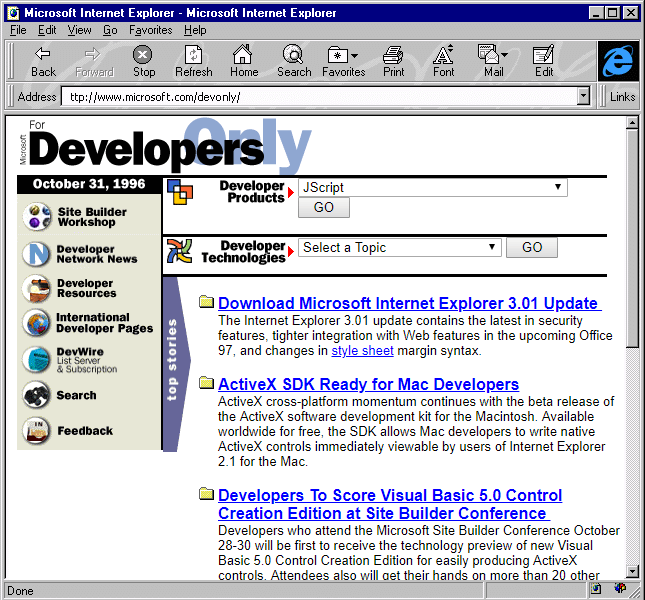 Happy 27th Birthday JScript 1.0. In September 1996, Microsoft implemented JavaScript into Internet Explorer 3.0 under the name JScript 1.0. By changing the name to JScript, Microsoft wanted to avoid potential patent litigation with Sun Microsystems. webdesignmuseum.org/web-design-his…