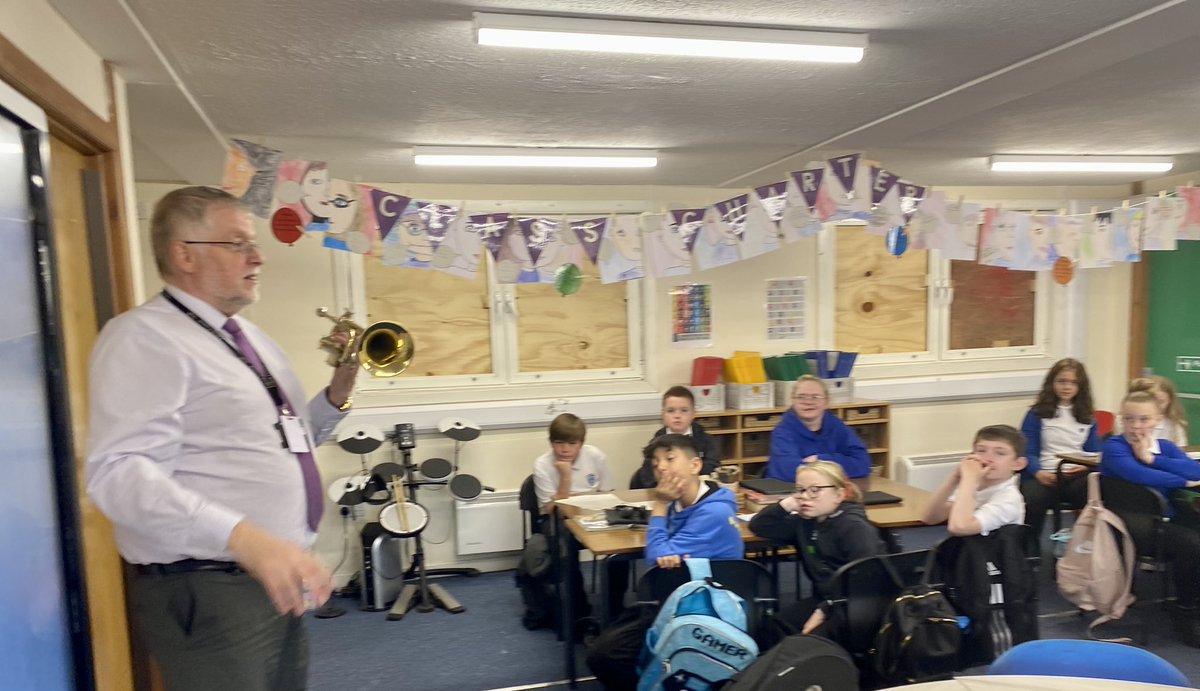 MrsMPrimary7's tweet photo. We had a visit from Mr Boulter, the brass teacher from Graeme High. Lots of us were so impressed by his tunes that we have put our names forward to have free lessons this year! @GHSMusic1 https://t.co/K0PDCLwgHH
