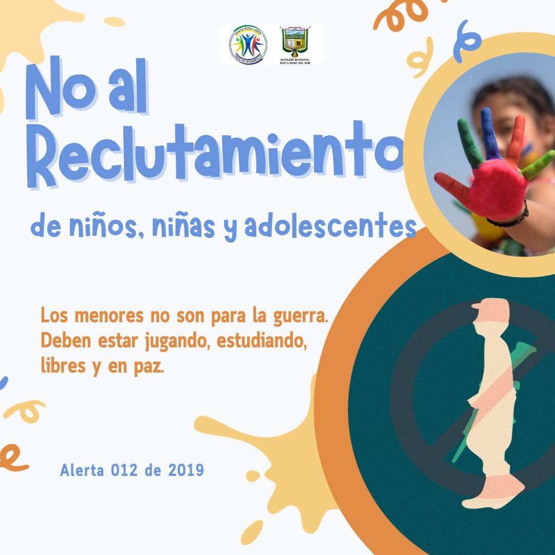 SantaRosadelSur's tweet photo. No al reclutamiento de niños, niñas y adolescentes.
Protejamos a nuestra infancia de cualquier tipo de violencia.
¡No son instrumento para la guerra! https://t.co/4emWG5jX8n