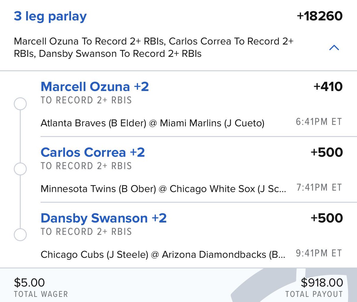 DollarParlay's tweet photo. Five Dollar Friday 😎

💸 $5 to win $918 💸

Good luck to those tailing 🤝

#GamblingTwitter #GamblingX #MLB #MLBParlay https://t.co/nGtOXtvAgB
