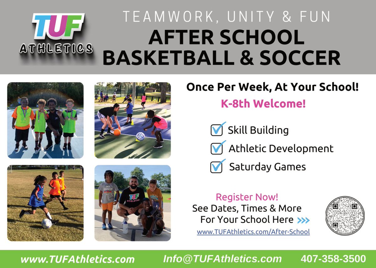 TUF Athletics holds Basketball &amp; Soccer After School Sports! 9/20 start date!
· Weekly Skills training (After-School)
· Weekend Games Available (Tournament Style)
· TUF Athletics Jersey Included (For Every Child)
View more information and register at: tufathletics.com/after-schoo