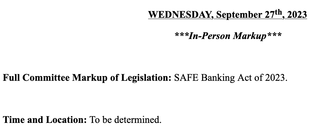 tomangell's tweet photo. BREAKING: The Senate Banking Committee has officially scheduled a vote on a marijuana banking bill for September 27.

https://t.co/SPOvOMqDWW https://t.co/WLPhHJDnwL