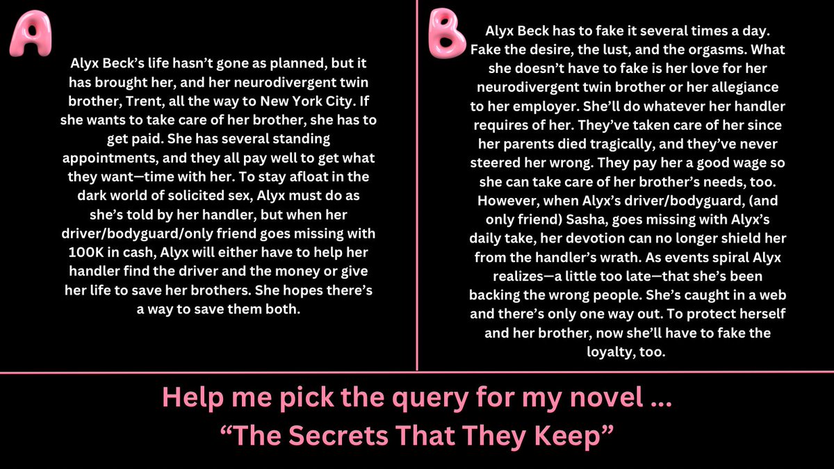 CarmenDaVinleam's tweet photo. Help me pick a query 💙🩷💜
#backinthetrenches #amquerying #newadultthriller #imnotcryingyourecrying https://t.co/mJTAejE7yZ
