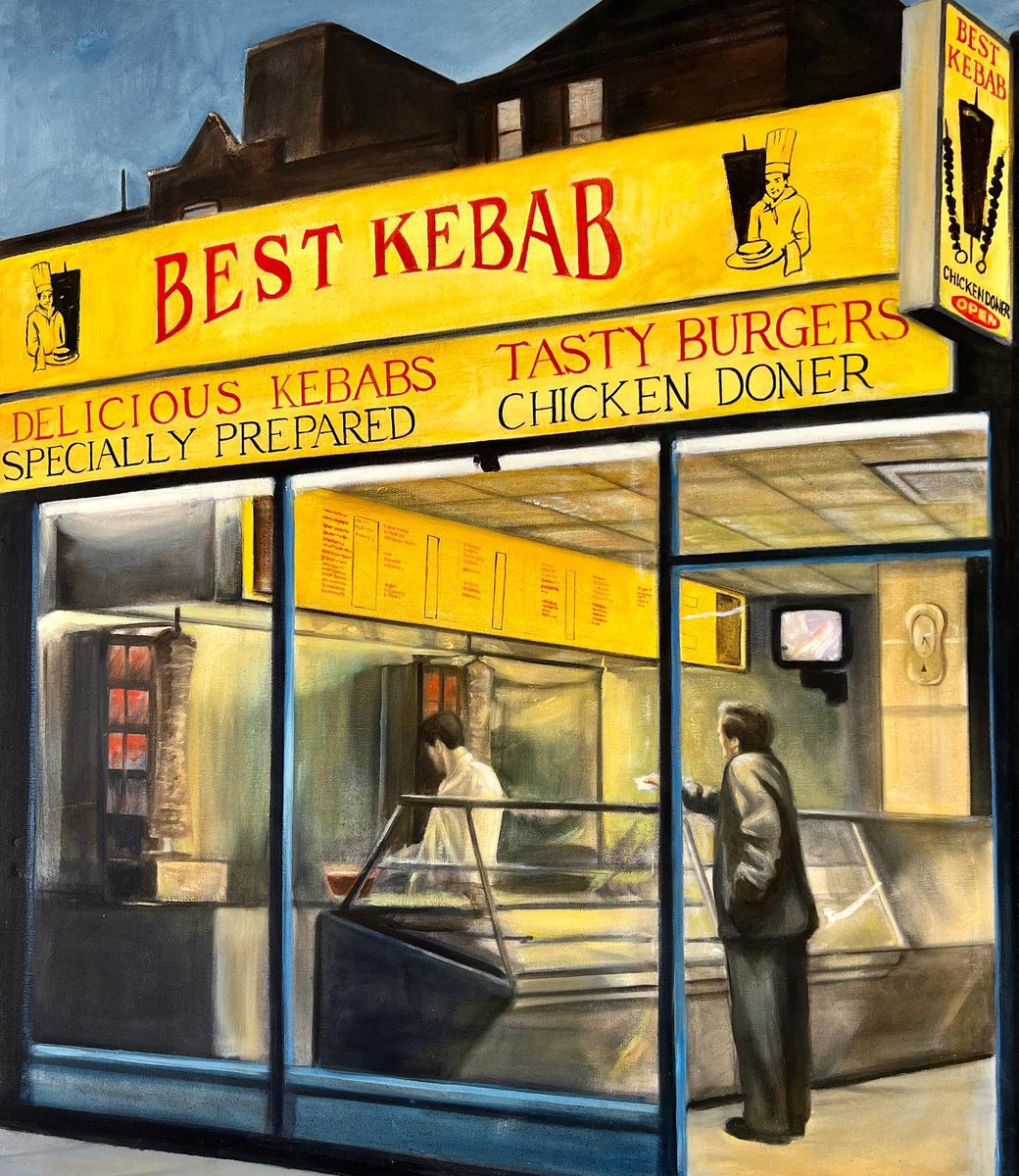 GrimArtGroup's tweet photo. Possibly sacrilegious on #ChippyTeaFriday - but hard to resist this lovely chunk of urban realism 😍 … see more of Georgia’s magnificent work via the link on her bio @GeorgiaPeskett 👍

Best Kebab, Old Street, Hoxton, London by Georgia Peskett https://t.co/Nhe5Cfx4Mg