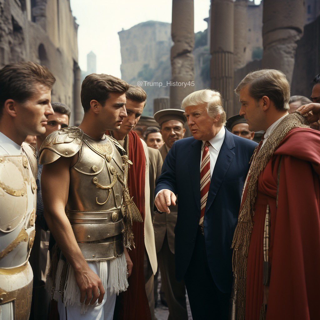 Trump_History45's tweet photo. Donald Trump visits the Roman Empire to provide a young Julius Caesar with militaristic advice - colorized. https://t.co/QSJluYSt1x