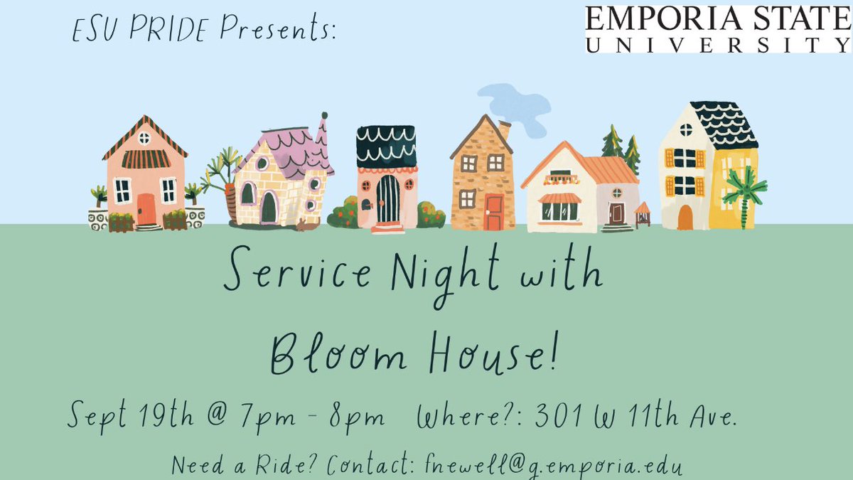 ESUPRIDE1's tweet photo. ESU PRIDE Presents: Service Night with Bloom House. Please support us during our service night on Tuesday, September 19th from 7-8 pm at Bloom House (301 W 11th Ave). If you are needing a ride please reach out to Fay at fnewell@g.emporia.edu

We hope to see you there! https://t.co/iGpqEiM1N6