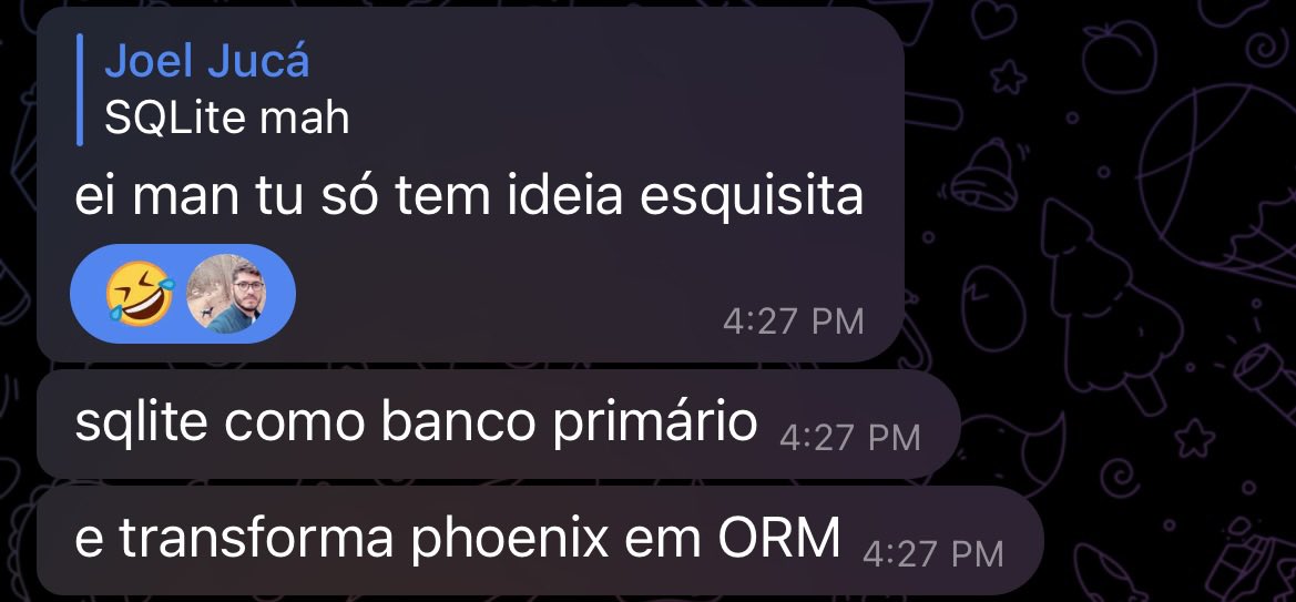 holyshtjoe's tweet image. Em minha defesa, o @frantz_willian tá viajando aí nesse rolê de ORM no Phoenix. 😂

Isso é ele torcendo o nariz com a SwissSchema pq ela lembra um pouco a DX do ActiveRecord (Ruby on Rails).

Agr qt ao #SQLite… Eu vou apresentar uma talk sobre isso na #ElixirFortaleza 2023 ✌️😎