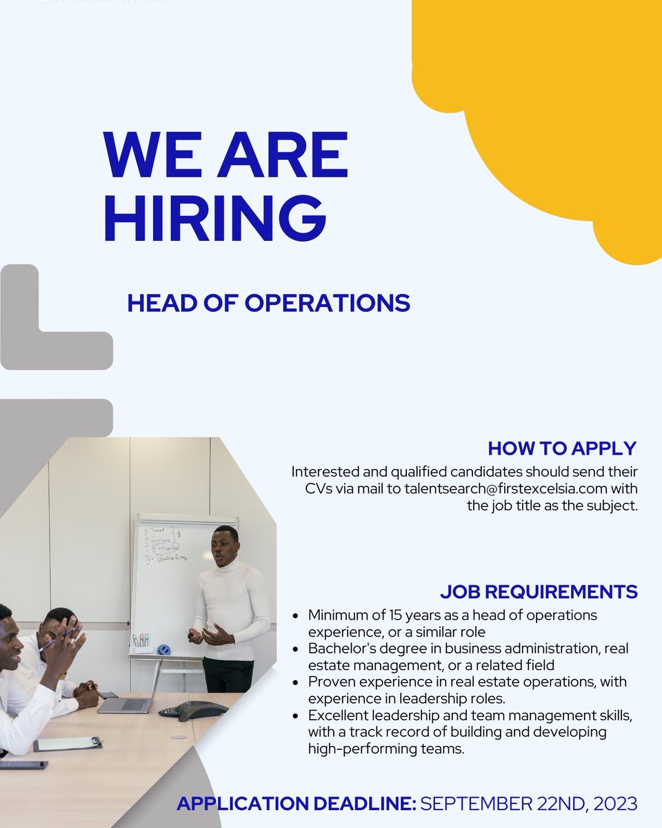 First_Excelsia's tweet photo. We're hiring,
Head Of Operations
Apply through: talentsearch@firstexcelsia.com
#FirstExcelsia #Headofoperations #jobseekers #jobsearch #hiring #wearehiring https://t.co/c6MxoMyzqX