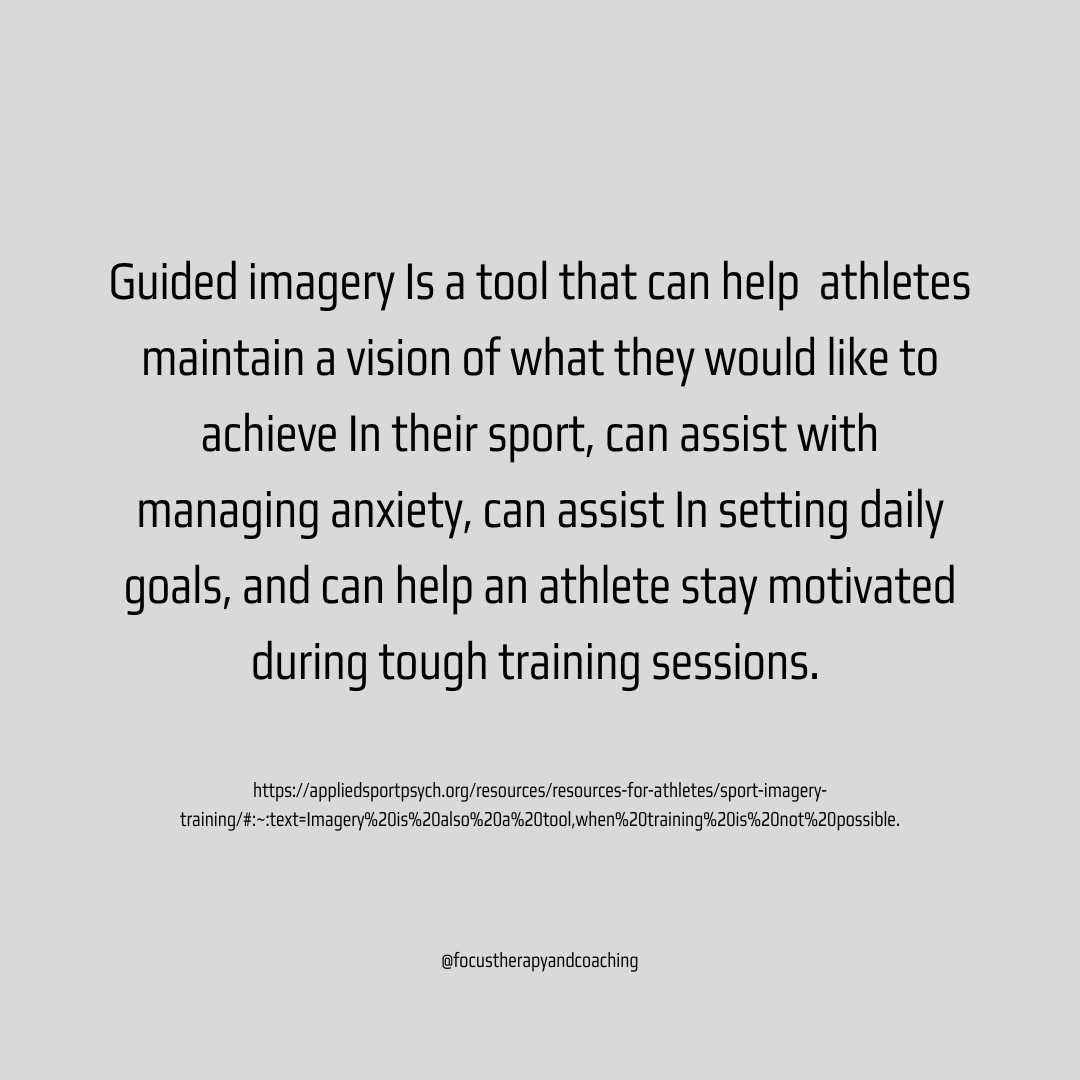 Focus Therapy & Performance Coaching (@therapyfocus) on Twitter photo Guided imagery is a tool that can benefit athletes in multiple ways! Here is a little more about what it is and how it can help.
#focustherapyandperformancecoaching #mentalhealth #sportspsychology #performancecoaching Guided imagery is a tool that can benefit athletes in multiple ways! Here is a little more about what it is and how it can help.
#focustherapyandperformancecoaching #mentalhealth #sportspsychology #performancecoaching
