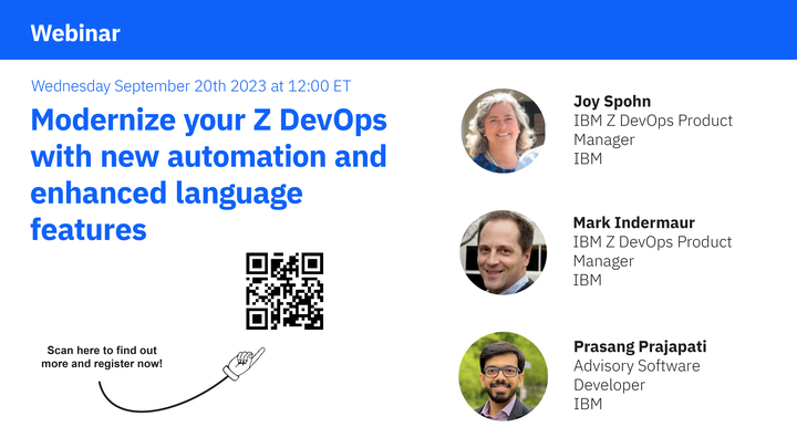 JoySpohn's tweet photo. Continue the #mainframemodernization journey by exploiting more functions in #IDzEE. Register for https://t.co/w5W1CYyURP we will cover the new Wazi Deploy and new language features in #COBOL and PL/I. https://t.co/YUOUiooz5s