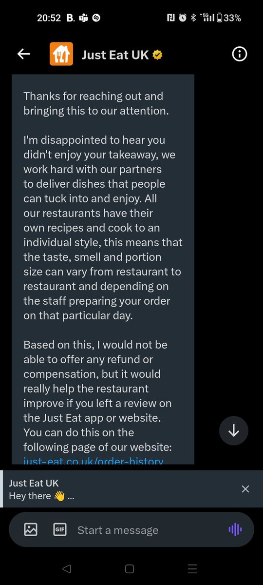 iam5tacey's tweet photo. @JustEatUK Obviously a bot replying to messages.  Nowhere in my message did I say I didn't enjoy my food!!! https://t.co/KesJ7WWIx3