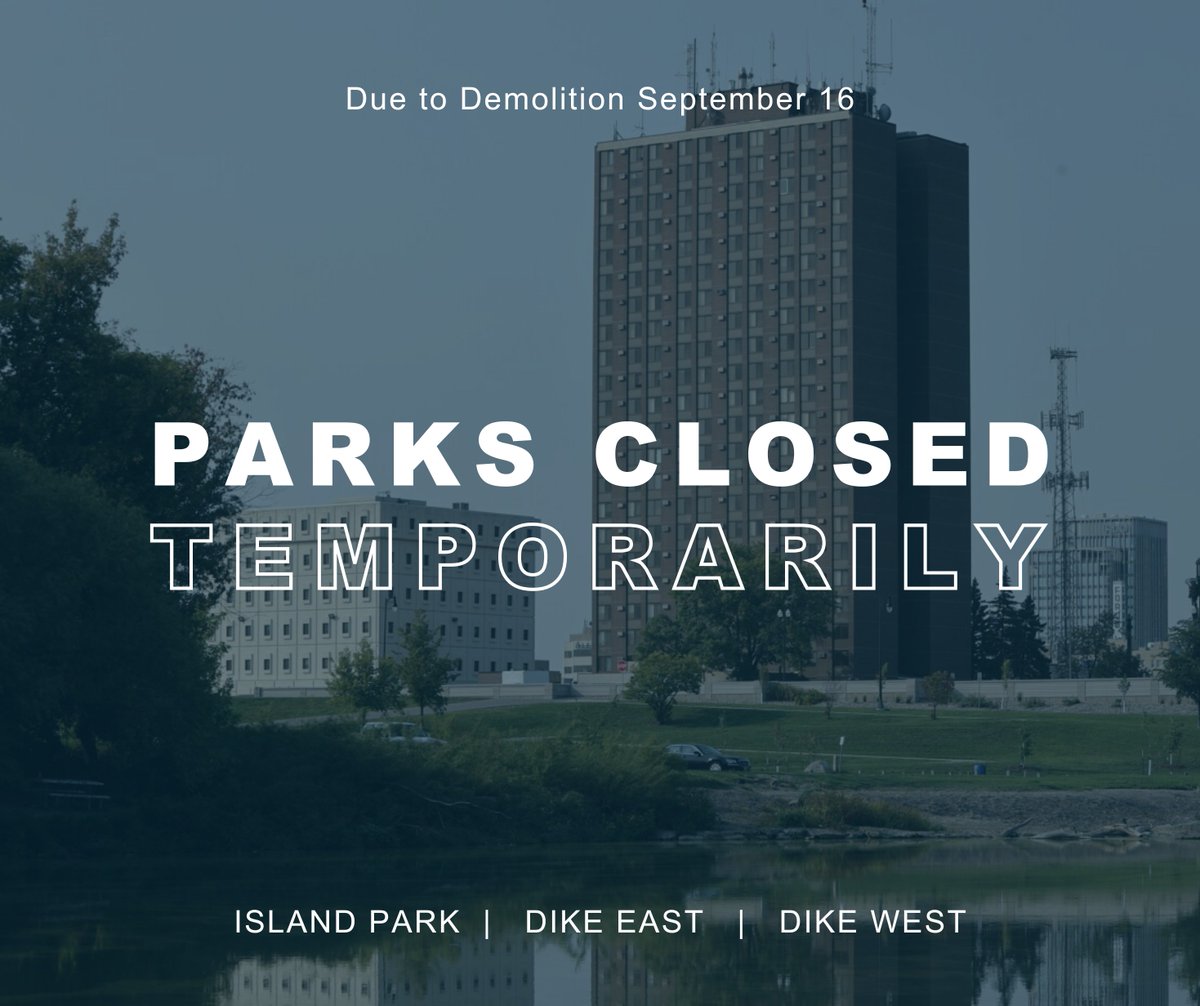 Due to the Lashkowitz Highrise implosion planned for 9/16, there is an evacuation order from 5:30-9:30 am that includes Dike East &amp; West Parks &amp; Island Park. These parks &amp; their trails/amenities will be closed during this time.  Learn more --&gt; fargond.gov/news-events/ci…